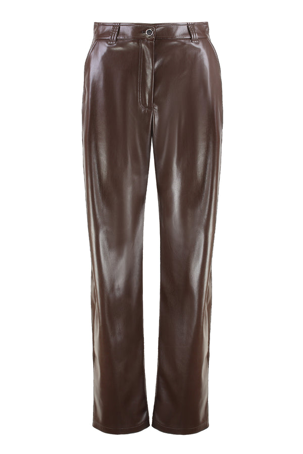 Balloon-Fit Leather Effect Trousers Brown Polyester Straight