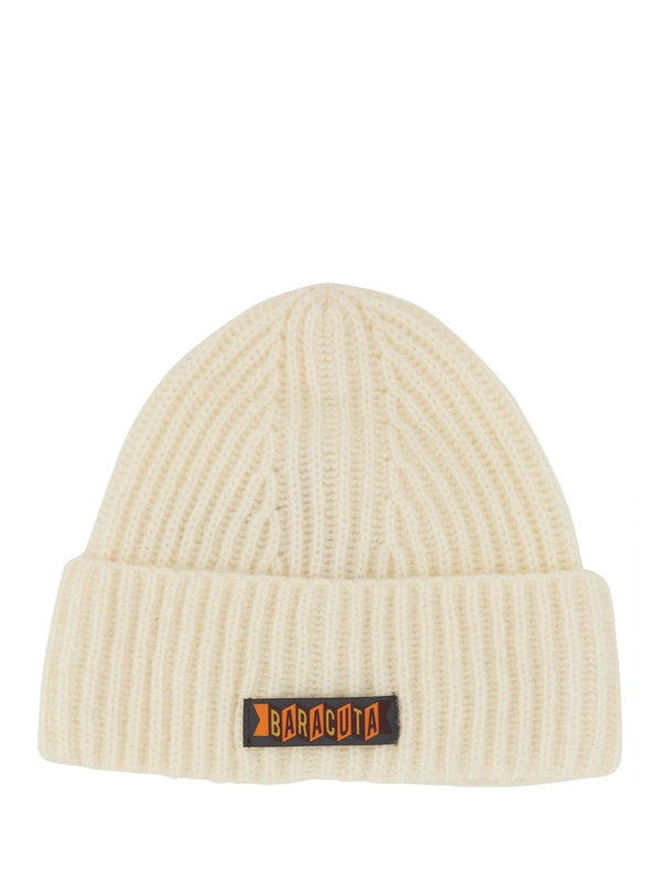 Beanie Hat With Logo Patch White Virgin Wool