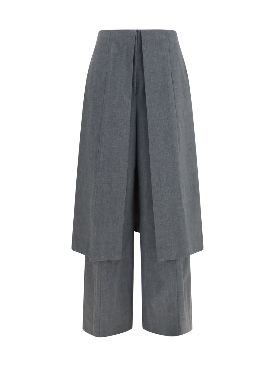 Tailored Pants With Draped Skirt Panel, Grey Melange Polyester Trousers