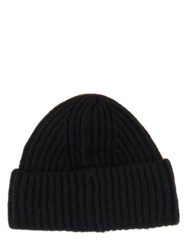 Beanie Hat With Logo Patch Black Virgin Wool