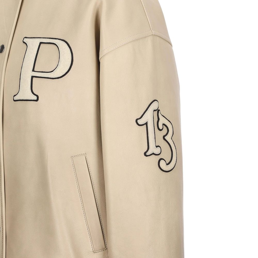 Prada 100% calf leather bomber jacket in beige — view 3