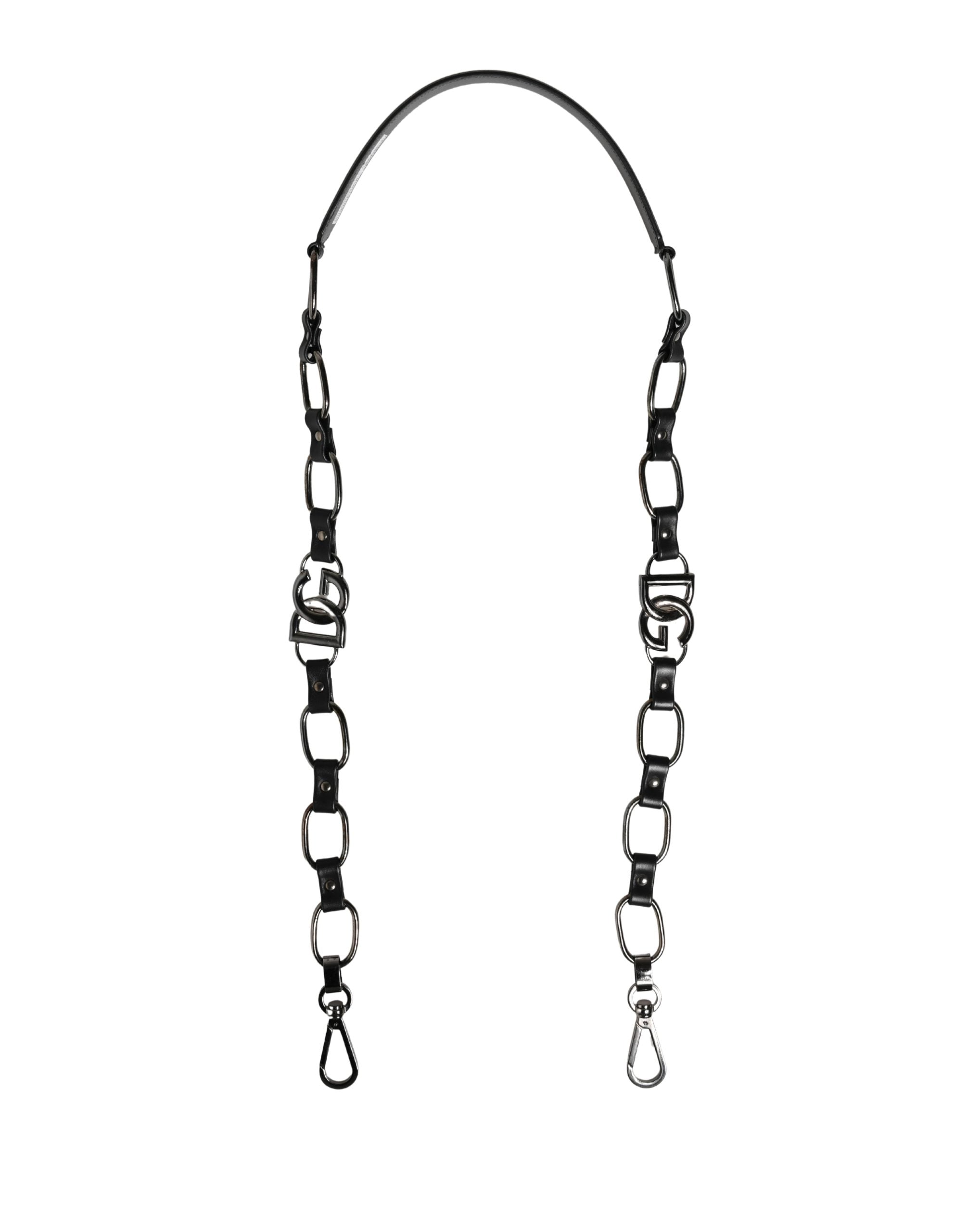 Black Leather Silver Chain Bag Accessory Shoulder Strap Real Brass Zamak Calf