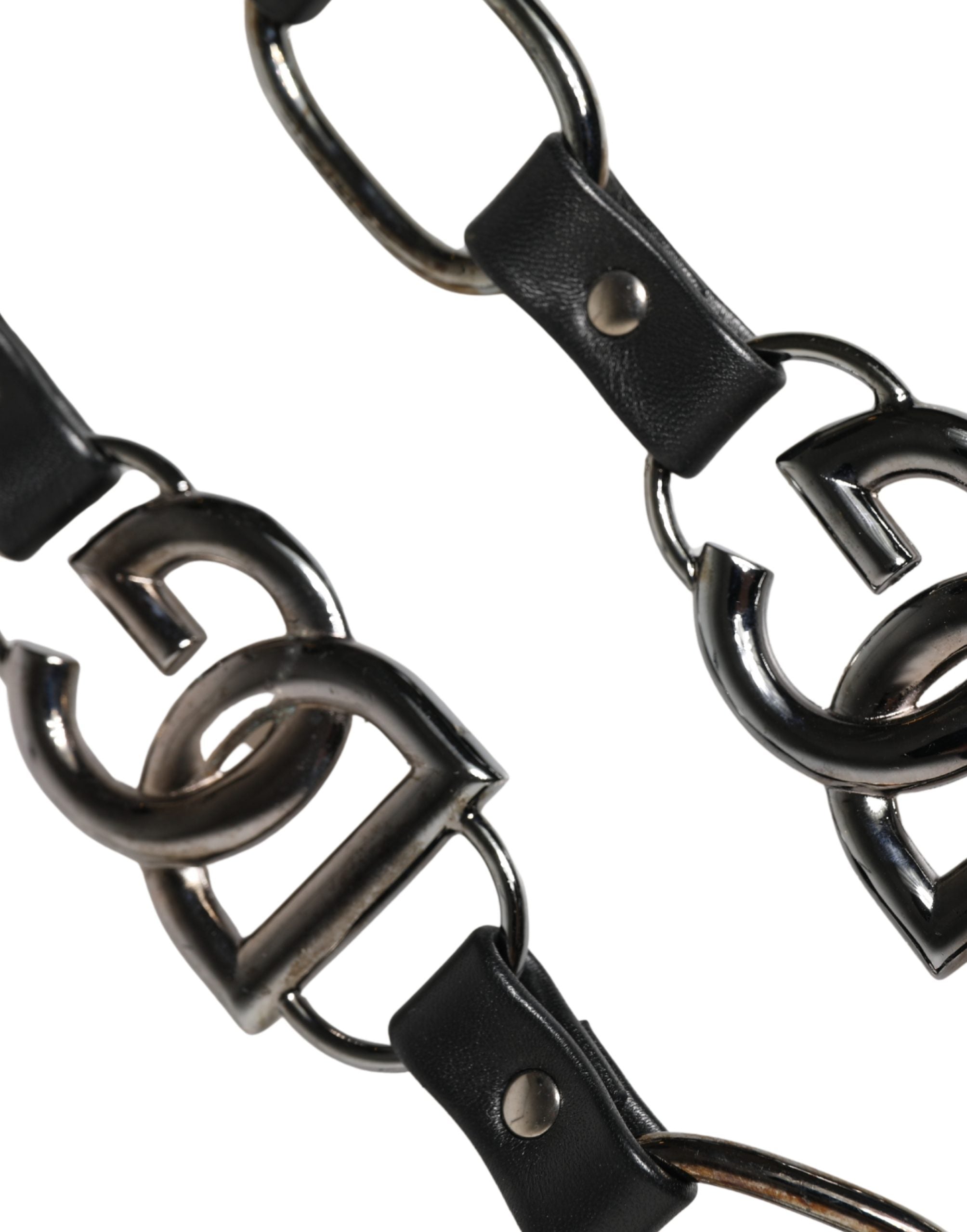 Black Leather Silver Chain Bag Accessory Shoulder Strap Real Brass Zamak Calf
