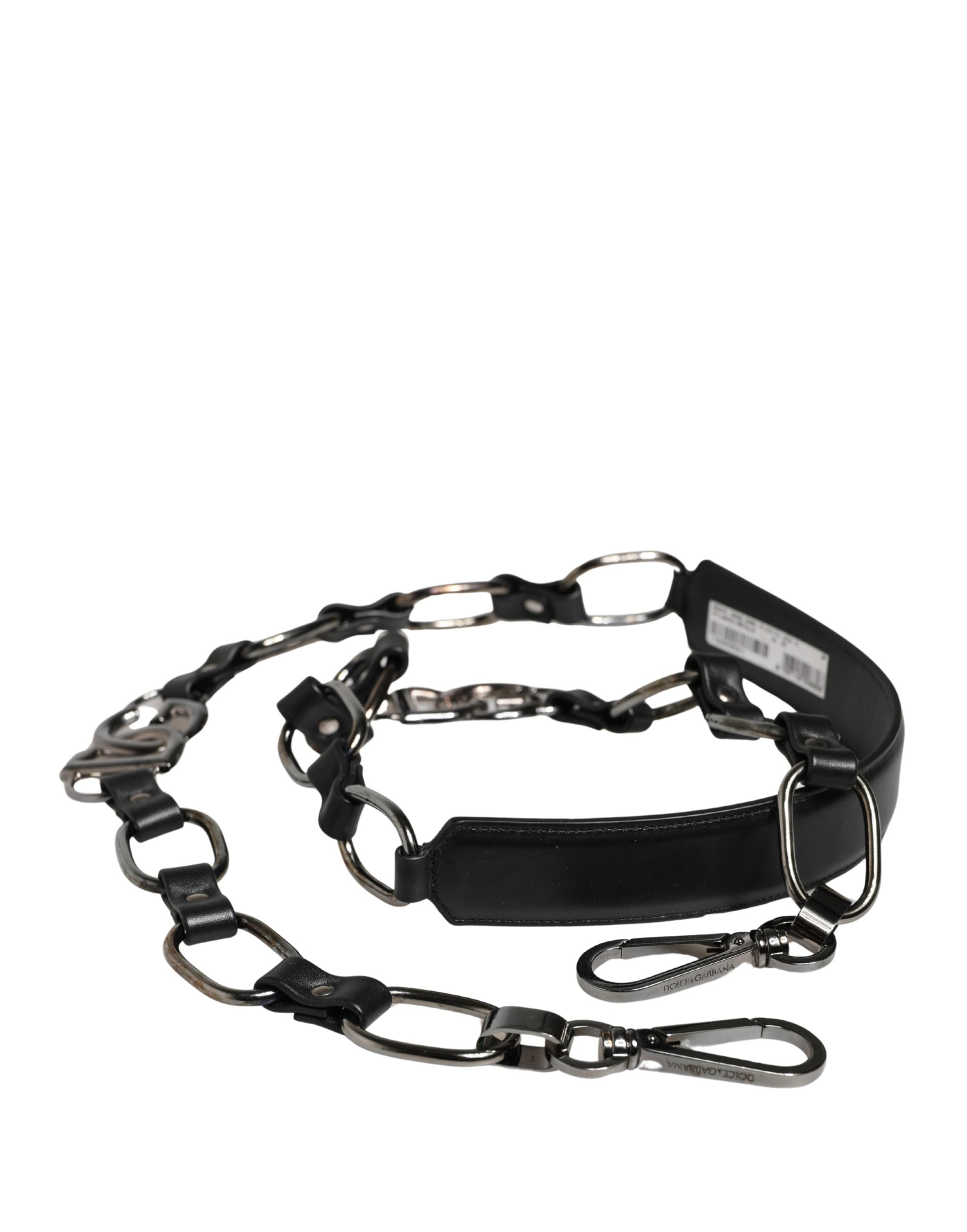 Black Leather Silver Chain Bag Accessory Shoulder Strap Real Brass Zamak Calf