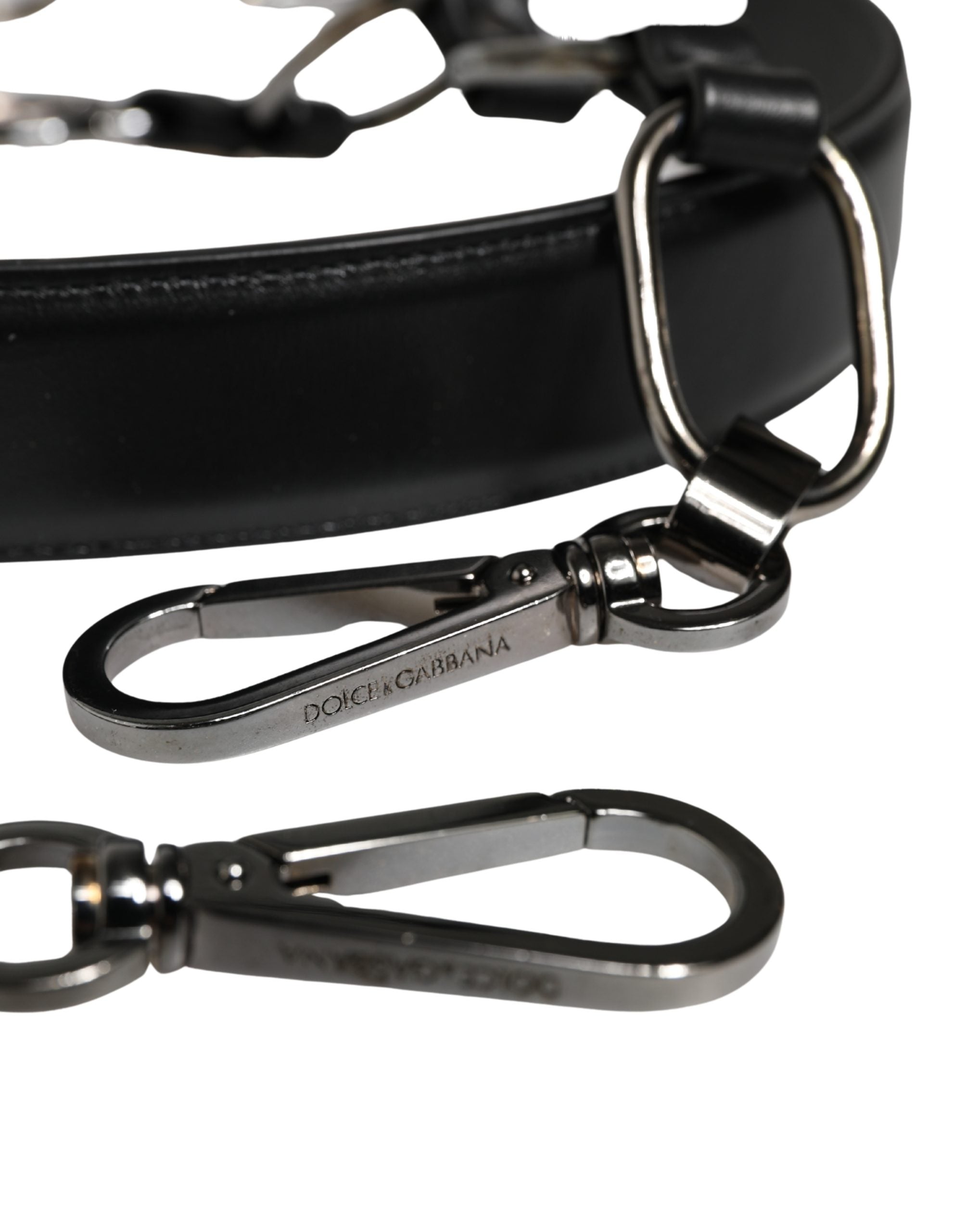 Black Leather Silver Chain Bag Accessory Shoulder Strap Real Brass Zamak Calf