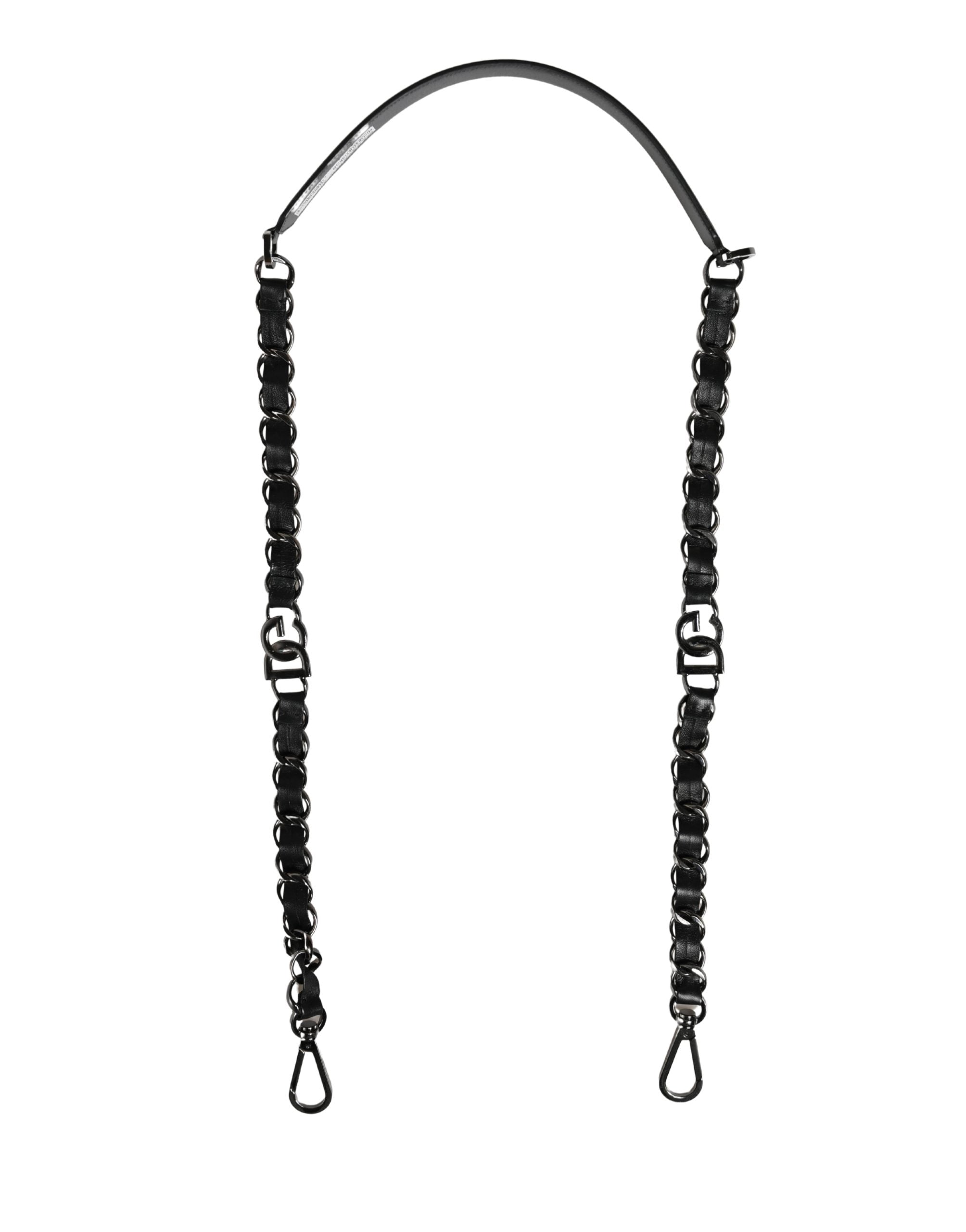 Black Leather Silver Chain Bag Accessory Shoulder Strap Real Brass Zamak Calf