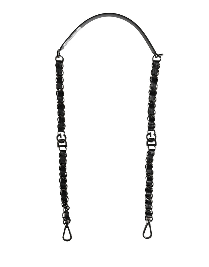 Black Leather Silver Chain Bag Accessory Shoulder Strap Real Brass Zamak Calf