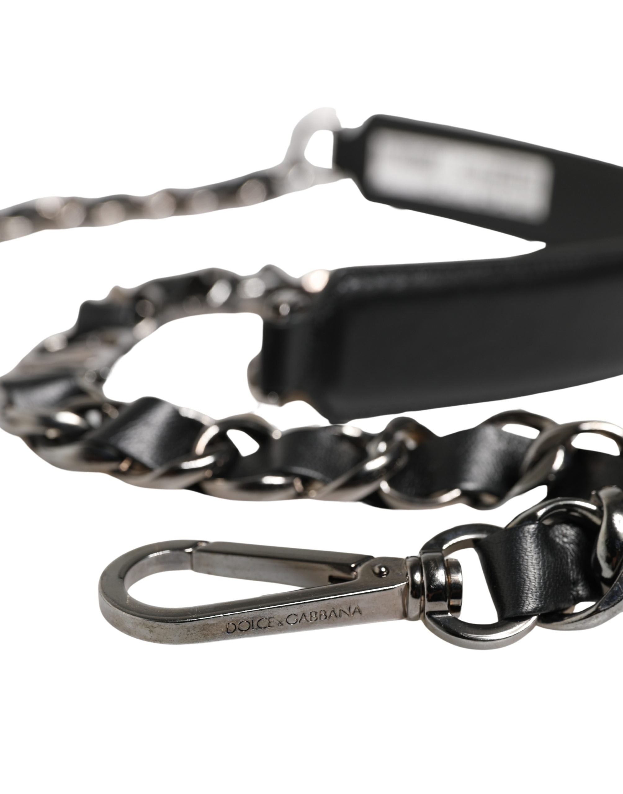 Black Leather Silver Chain Bag Accessory Shoulder Strap Real Brass Zamak Calf
