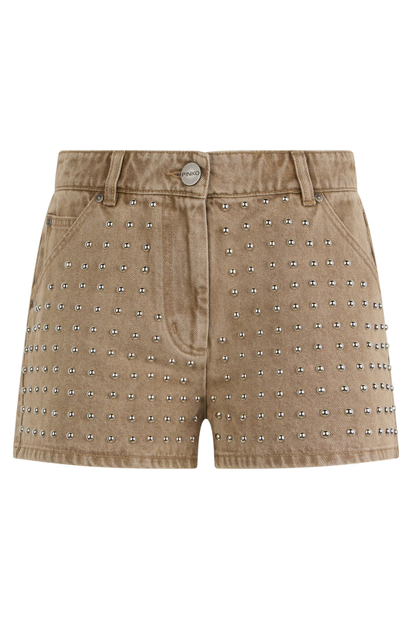 Denim Shorts With Beige Studs Beige-macrocistide Cotton