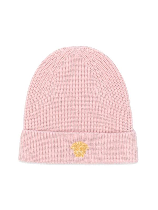 Knit Hat With Medusa Embroidery Pink Virgin Wool