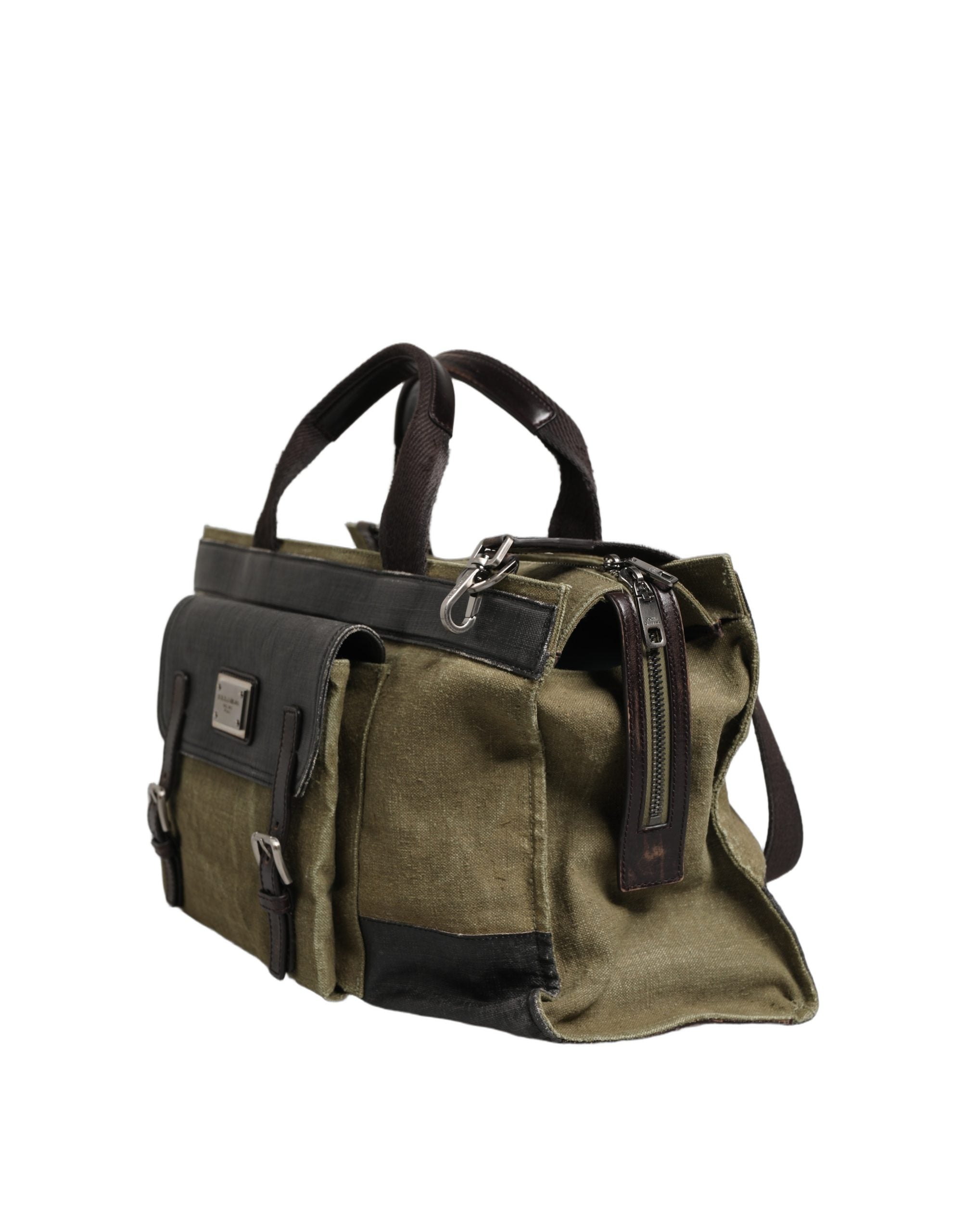 Military Green Two Tone Tote Duffel Shoulder Borse Bag Dark Leather