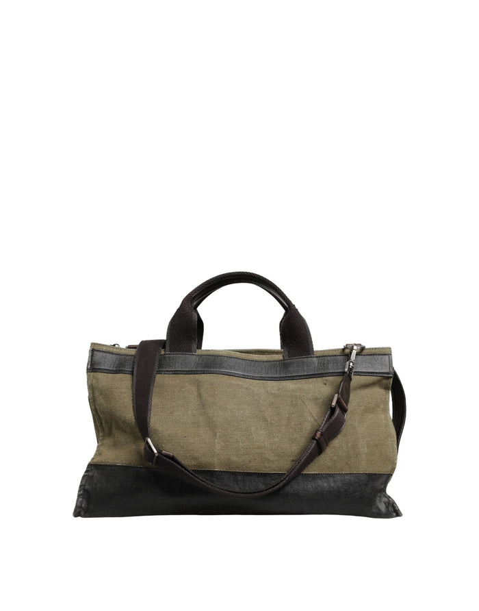 Military Green Two Tone Tote Duffel Shoulder Borse Bag Dark Leather
