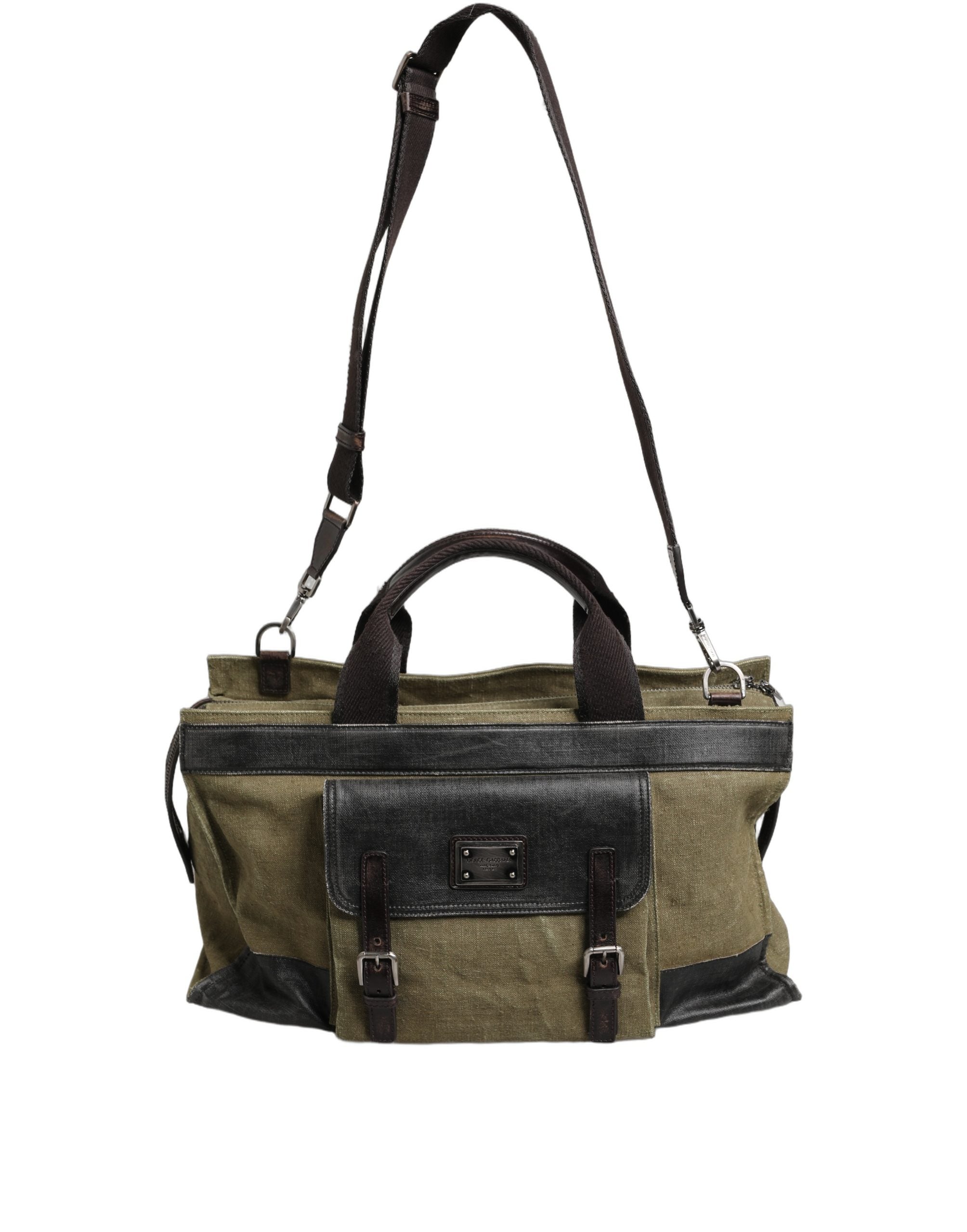 Military Green Two Tone Tote Duffel Shoulder Borse Bag Dark Leather