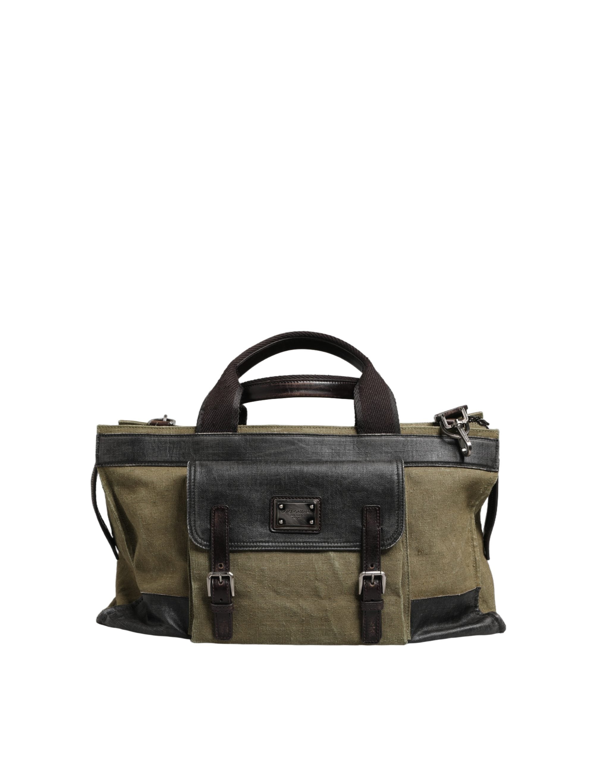 Military Green Two Tone Tote Duffel Shoulder Borse Bag Dark Leather