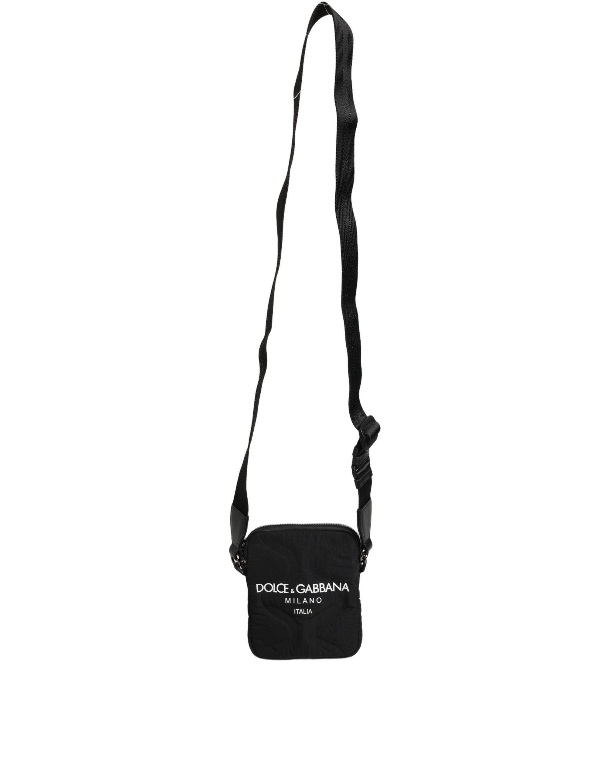 Black Nylon Rubberized Logo Print Crossbody Borse Bag Elastane Calf