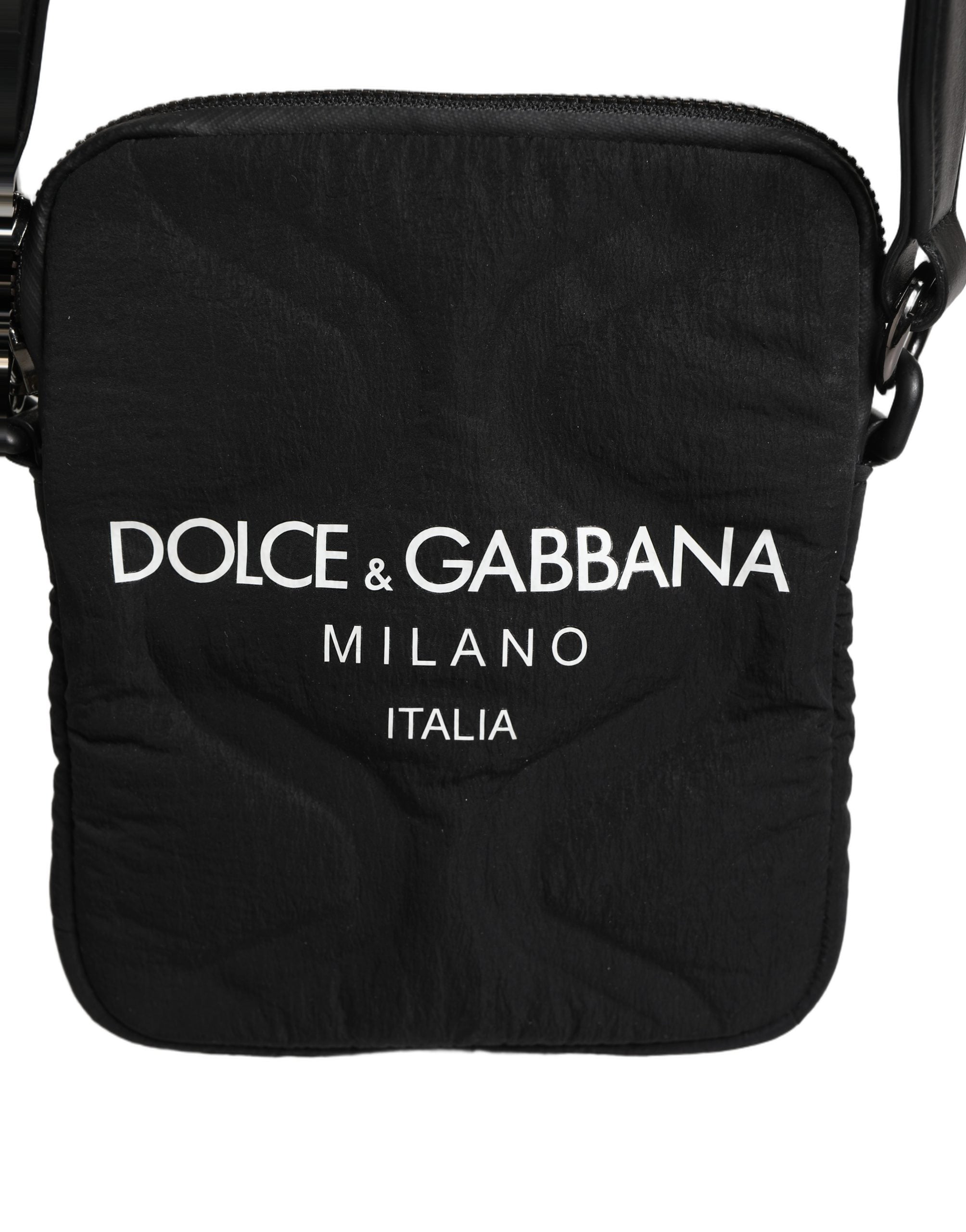 Black Nylon Rubberized Logo Print Crossbody Borse Bag Elastane Calf