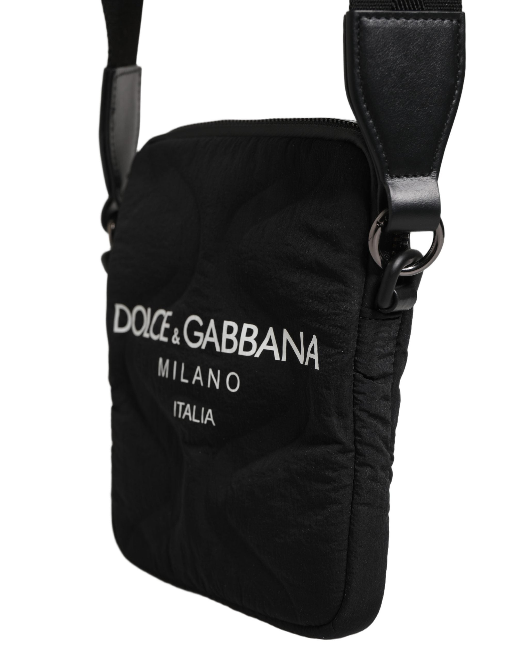 Black Nylon Rubberized Logo Print Crossbody Borse Bag Elastane Calf