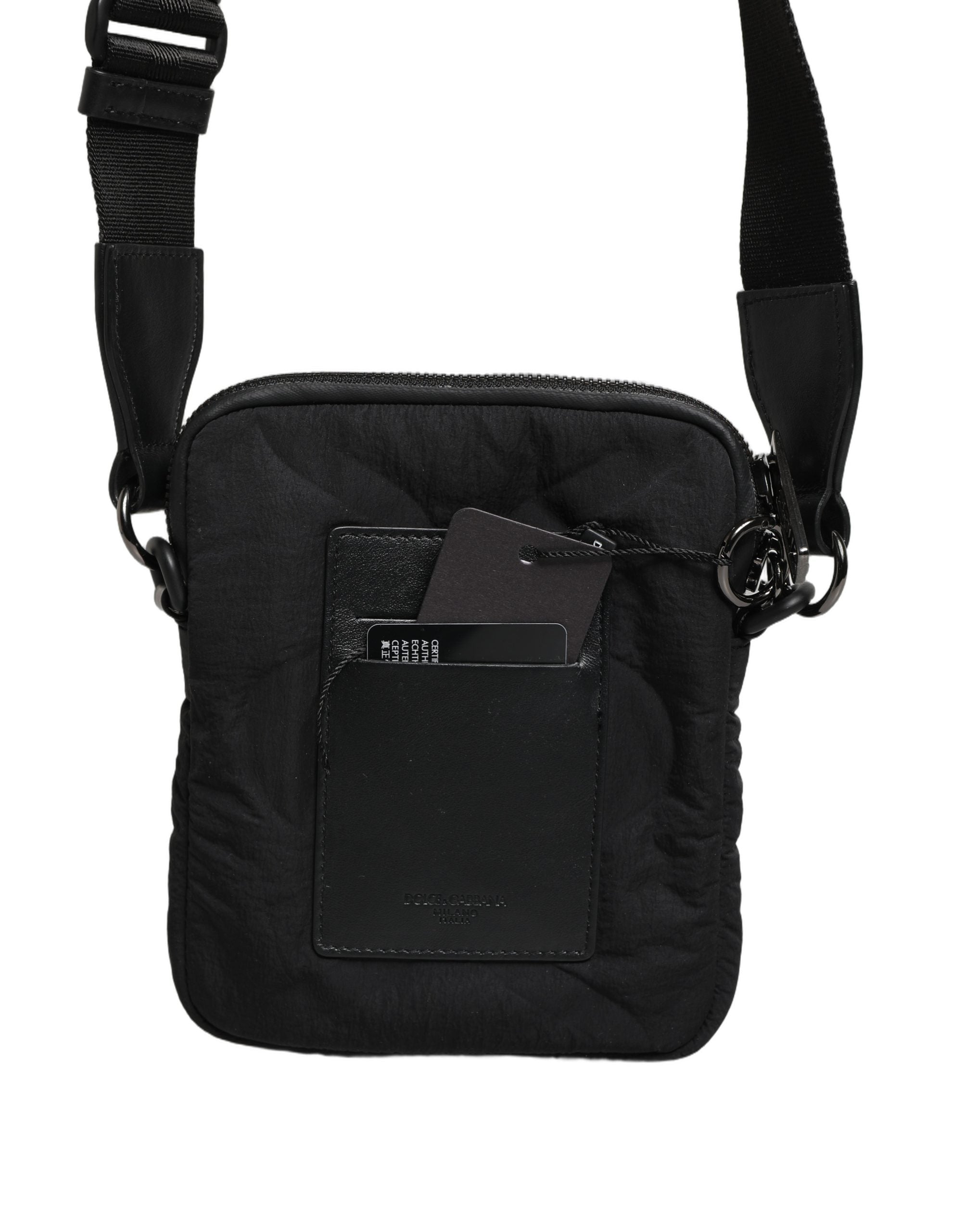 Black Nylon Rubberized Logo Print Crossbody Borse Bag Elastane Calf
