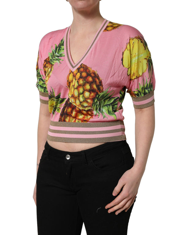 Pink Pineapple Vneck Short Sleeve Cropped Top Polyester Silk Viscose