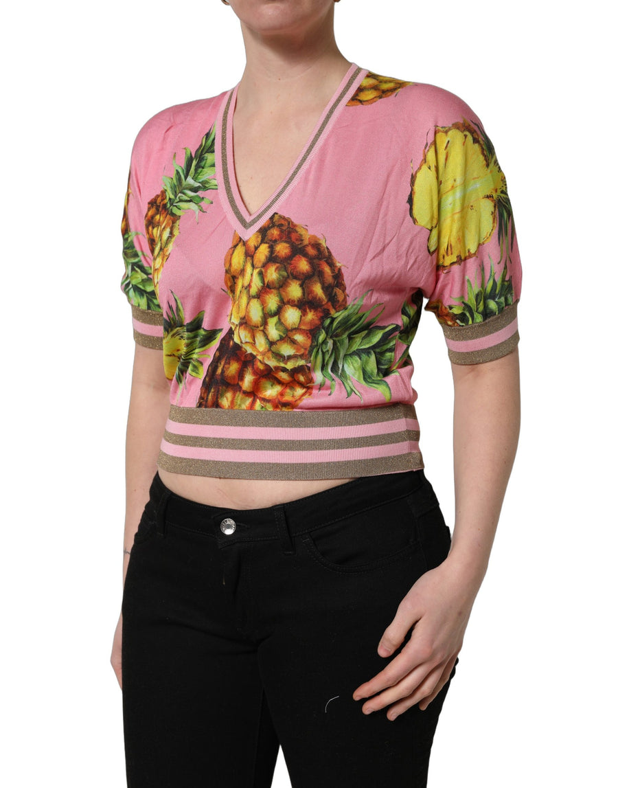 Pink Pineapple Vneck Short Sleeve Cropped Top Polyester Silk Viscose
