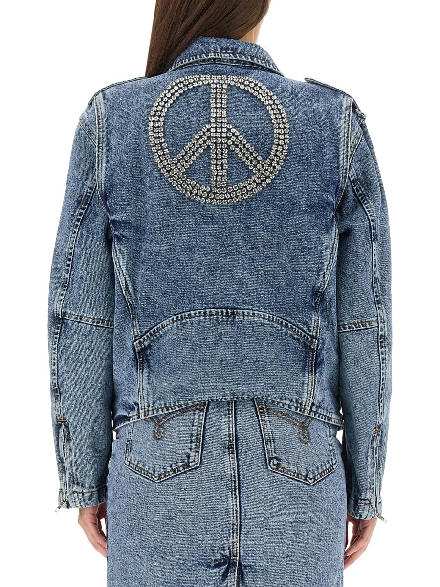 Biker Jacket With Peace Symbol Blue Cotton