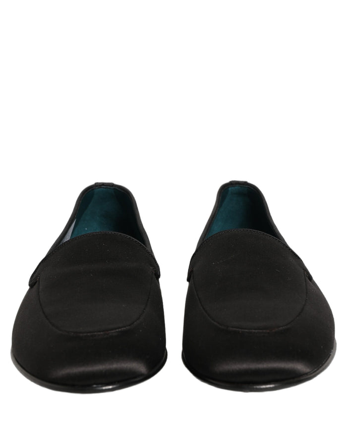 Black Satin Logo Slip On Flats Loafers Shoes Leather