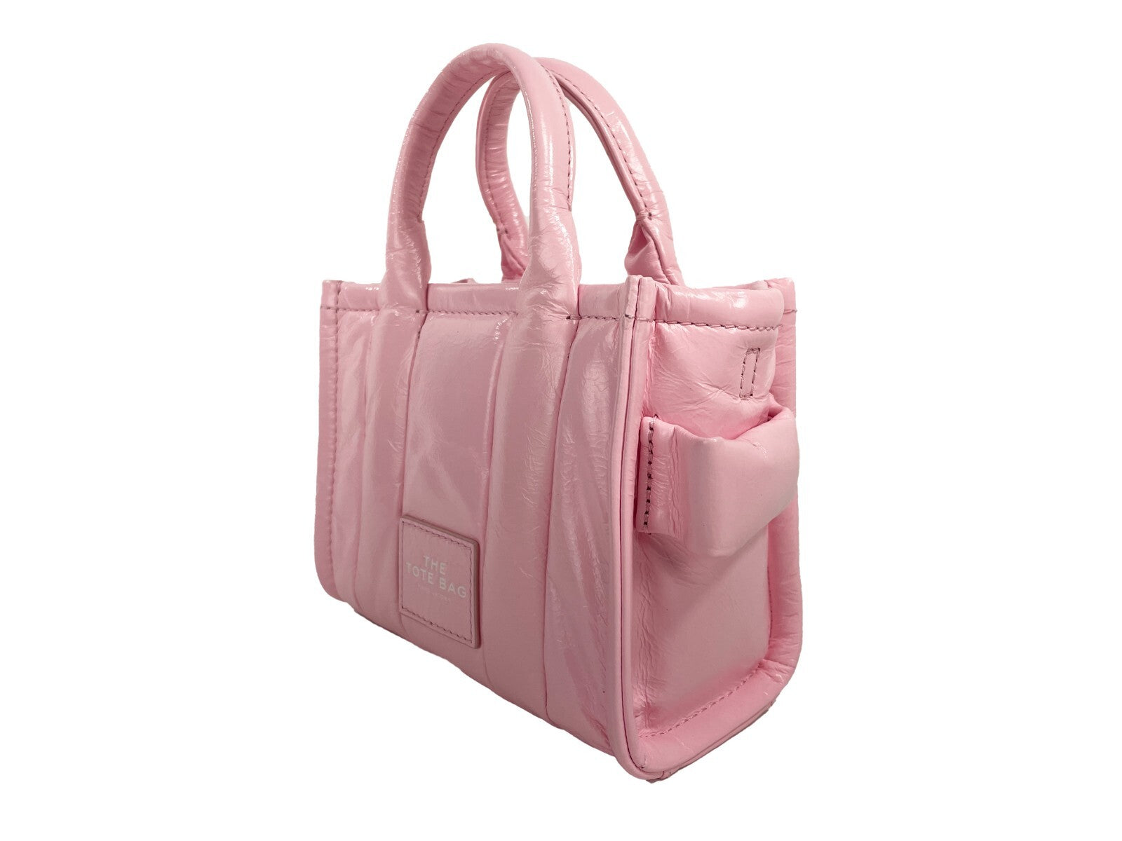 Marc Jacobs The Shiny Crinkle Micro Tote Bubblegum Leather Crossbody Silver