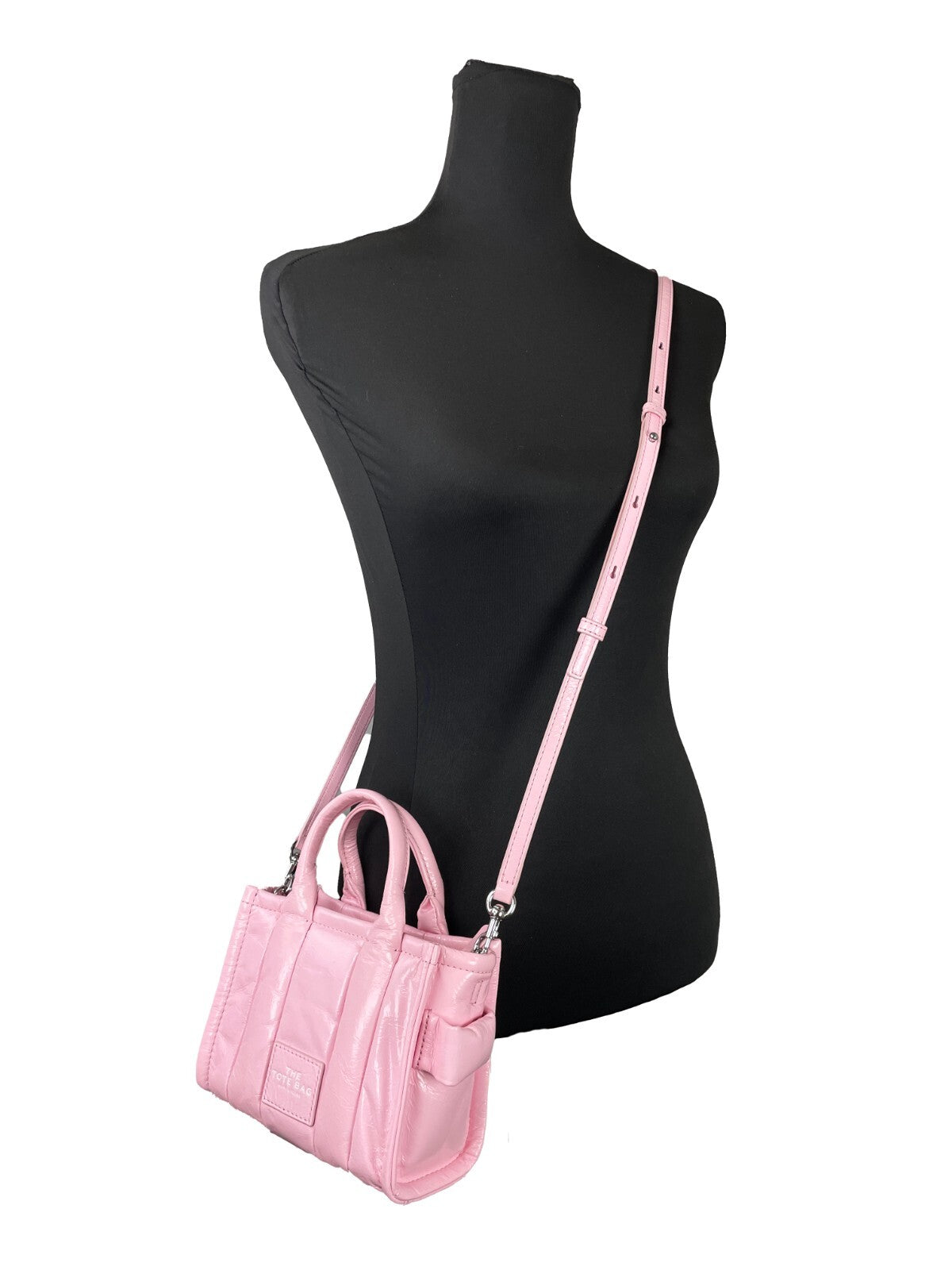 Marc Jacobs The Shiny Crinkle Micro Tote Bubblegum Leather Crossbody Silver