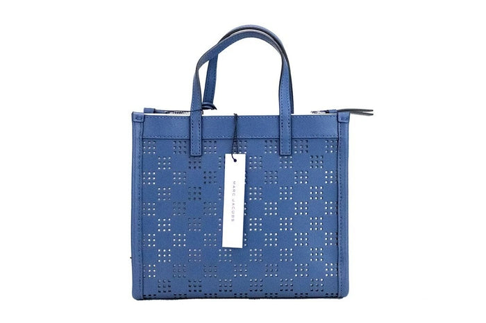 Marc Jacobs Mini Grind Blue Sea Perforated Leather Crossbody Tote Bag Purse Silver