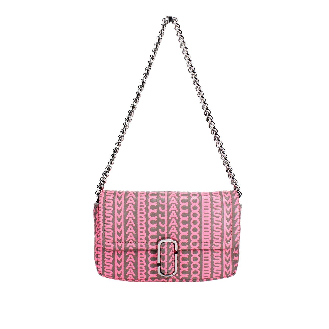 Marc Jacobs Neon Pink The Monogram Leather J Mini Shoulder Bag Crossbody Silver