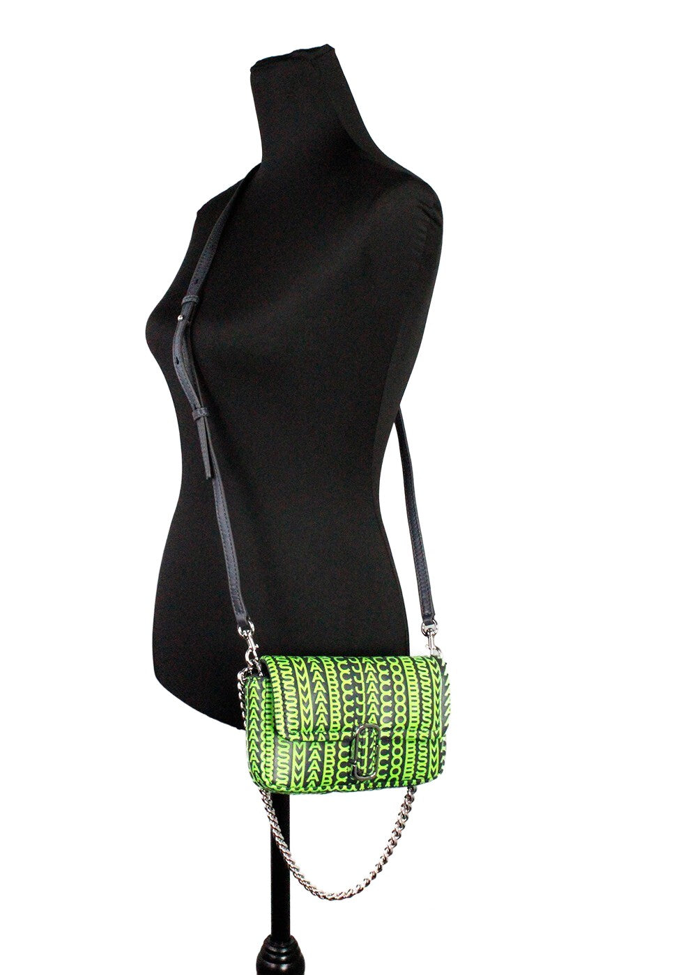 Marc Jacobs Neon Green The Monogram Leather J Mini Shoulder Bag Crossbody Silver