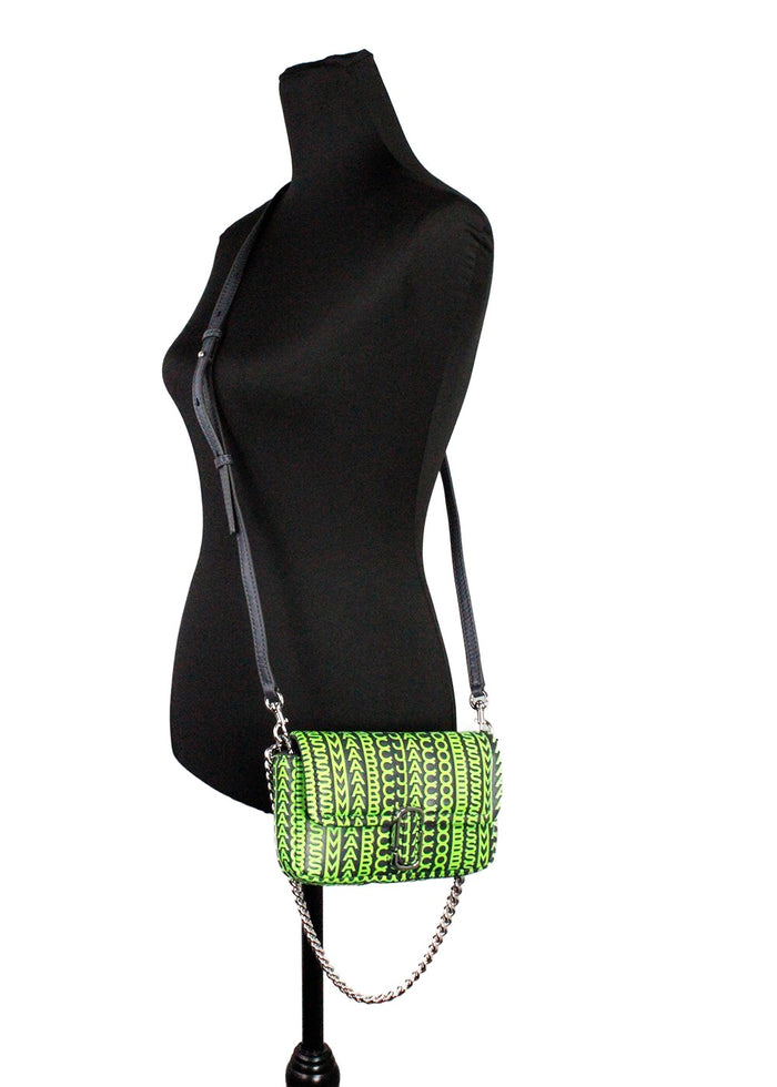 Marc Jacobs Neon Green The Monogram Leather J Mini Shoulder Bag Crossbody Silver