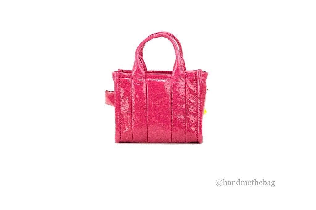 Marc Jacobs The Shiny Crinkle Micro Tote Magenta Leather Crossbody Bag Handbag Silver