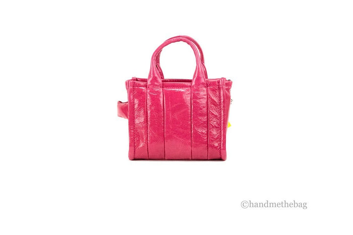 Marc Jacobs The Shiny Crinkle Micro Tote Magenta Leather Crossbody Bag Handbag Silver