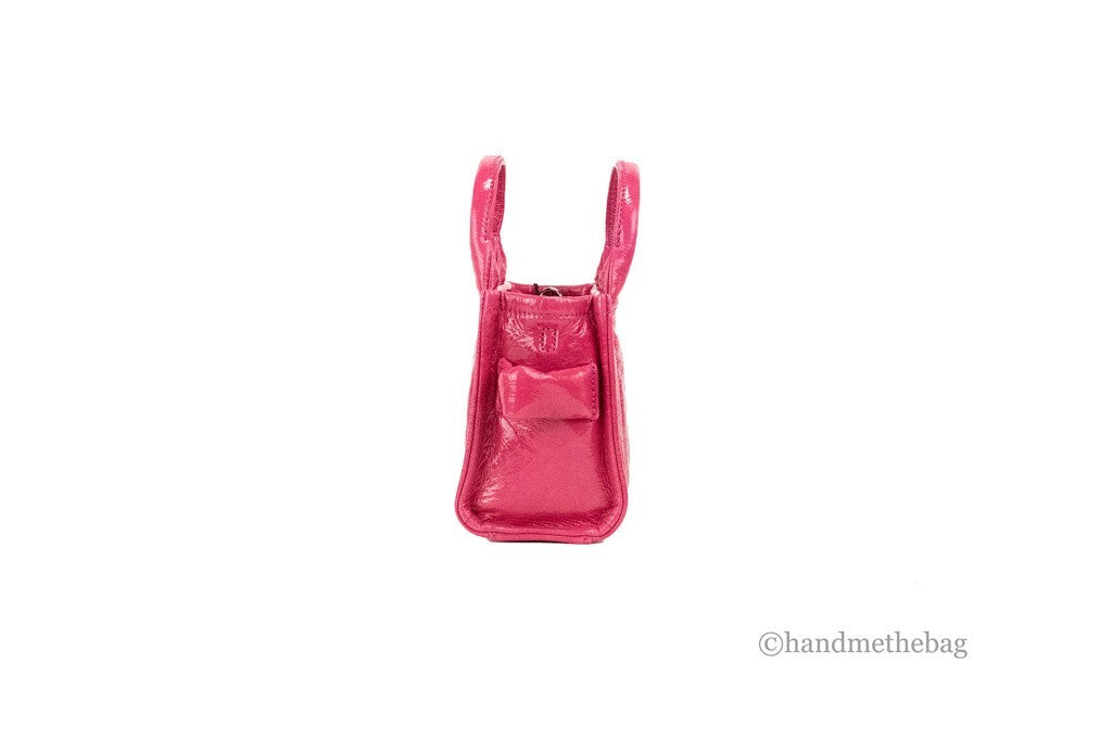 Marc Jacobs The Shiny Crinkle Micro Tote Magenta Leather Crossbody Bag Handbag Silver
