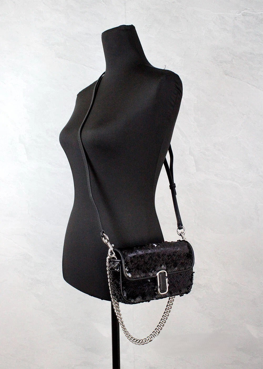 Marc Jacobs The Mini J Shoulder Bag Black Sequined Crossbody Silver Leather