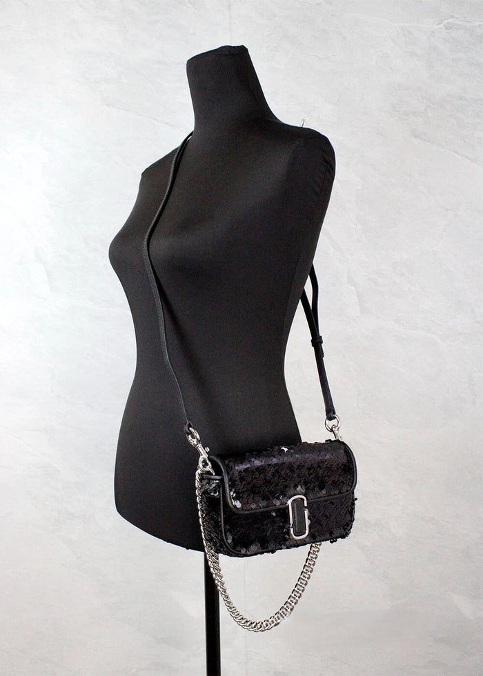 Marc Jacobs The Mini J Shoulder Bag Black Sequined Crossbody Silver Leather