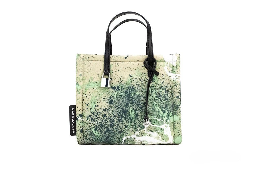 Marc Jacobs Mini Green Multi Splatter Paint Print Nylon Crossbody Tote Handbag Silver