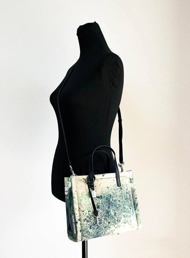 Marc Jacobs Mini Green Multi Splatter Paint Print Nylon Crossbody Tote Handbag Silver
