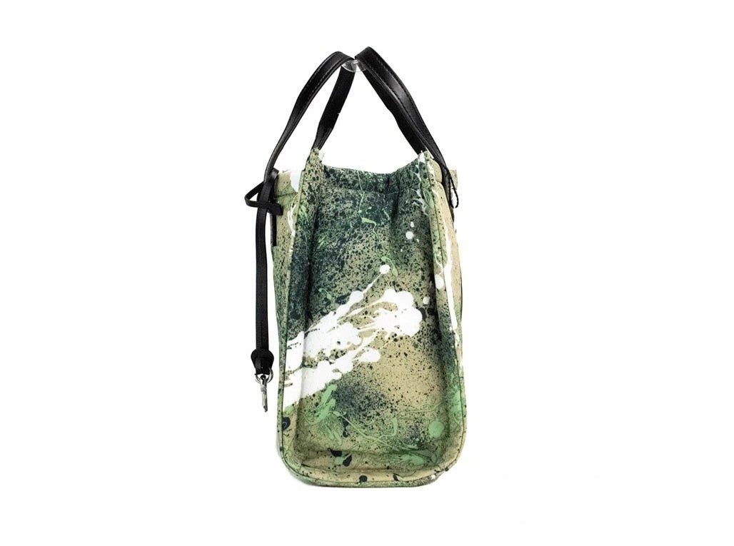 Marc Jacobs Mini Green Multi Splatter Paint Print Nylon Crossbody Tote Handbag Silver