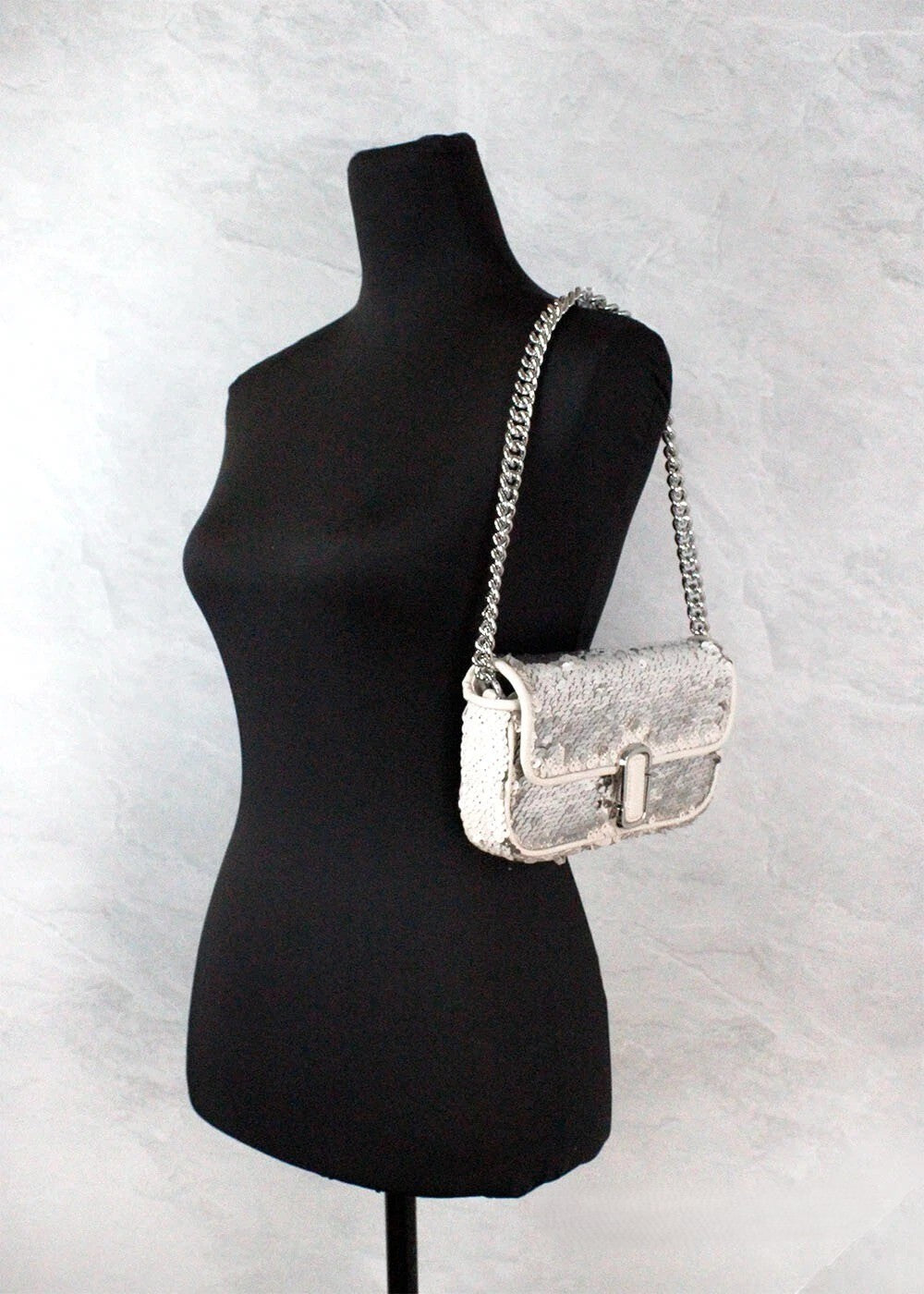 Marc Jacobs The Mini J Shoulder Bag Cream Sequined Crossbody Silver Leather