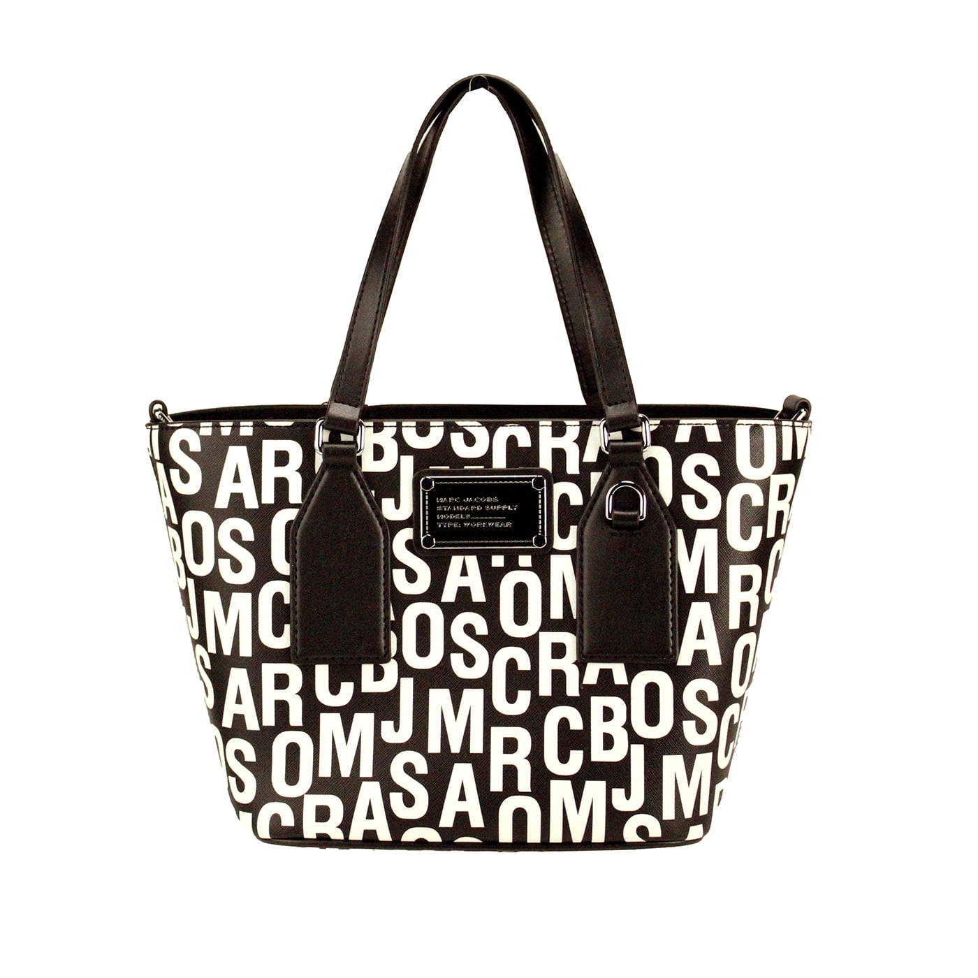 Marc Jacobs Small Black White Monogram Print Saffiano Leather Tote Crossbody Bag Silver