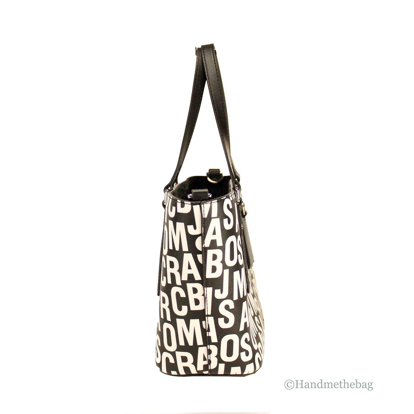 Marc Jacobs Small Black White Monogram Print Saffiano Leather Tote Crossbody Bag Silver