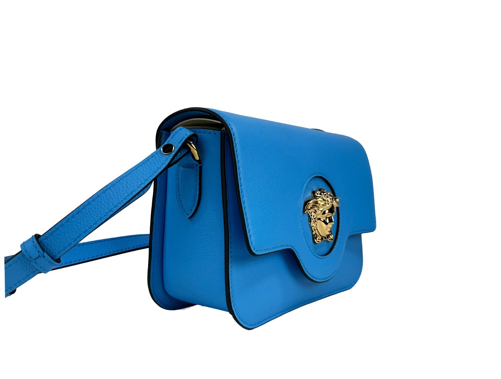 Versace La Medusa Blue Leather Shoulder Crossbody Bag Purse Gold