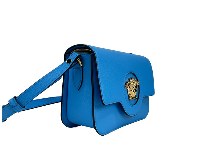 Versace La Medusa Blue Leather Shoulder Crossbody Bag Purse Gold
