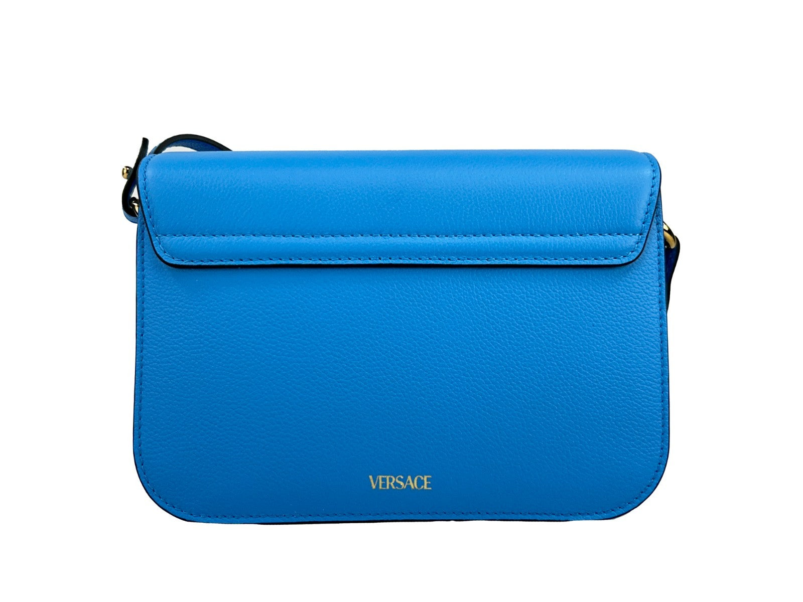 Versace La Medusa Blue Leather Shoulder Crossbody Bag Purse Gold