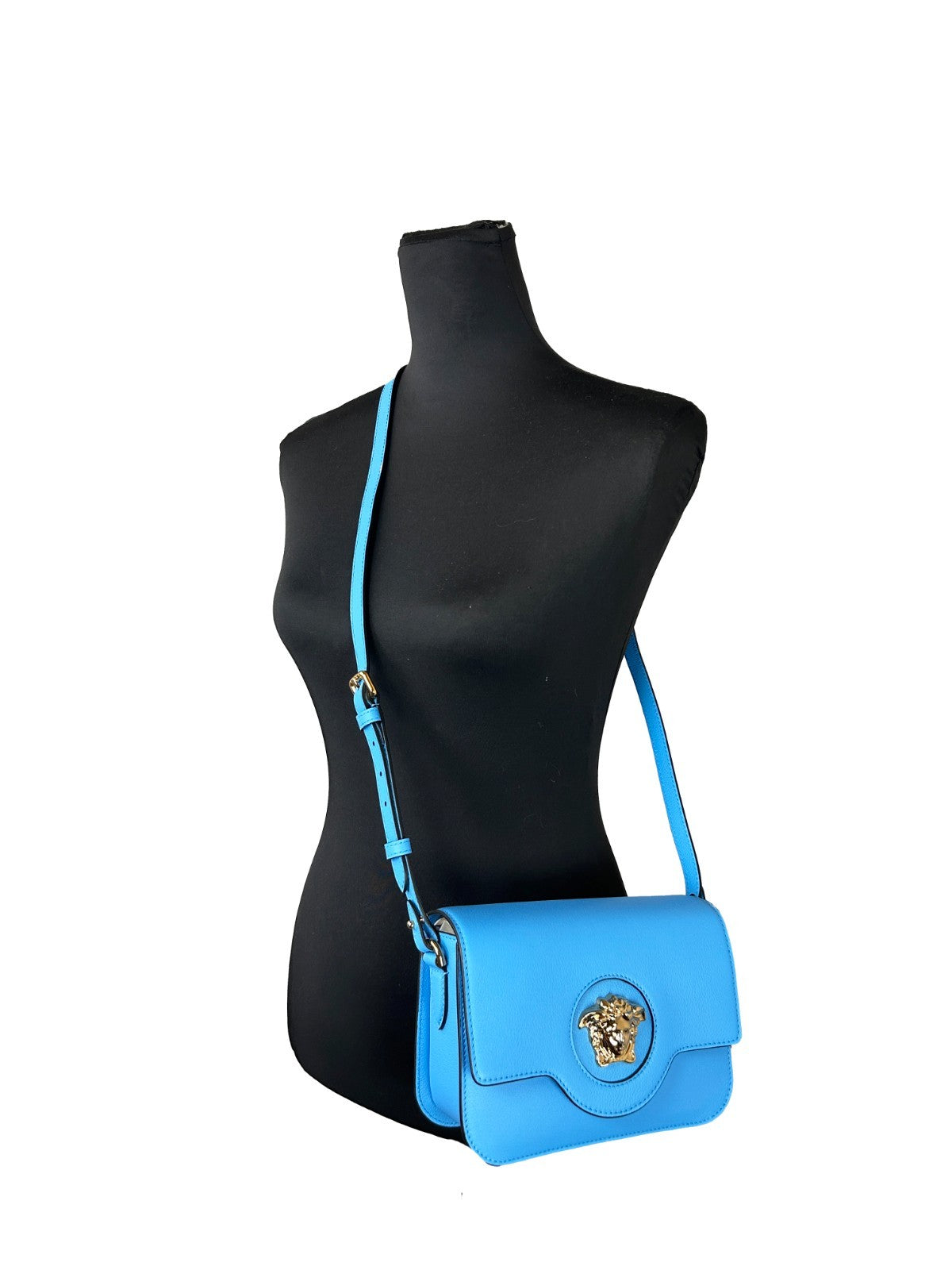 Versace La Medusa Blue Leather Shoulder Crossbody Bag Purse Gold