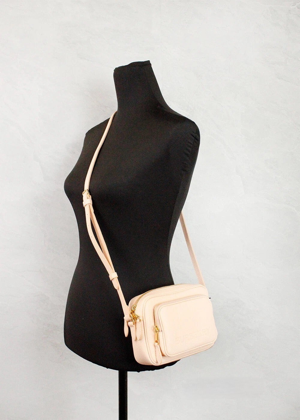 Burberry Small Branded Peach Pink Grainy Leather Camera Crossbody Bag Gold