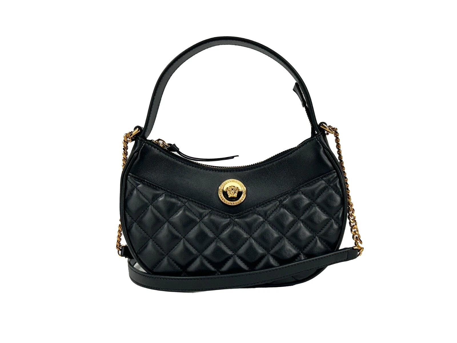 Versace Quilted Black Leather Half Moon Chain Crossbody Bag Gold