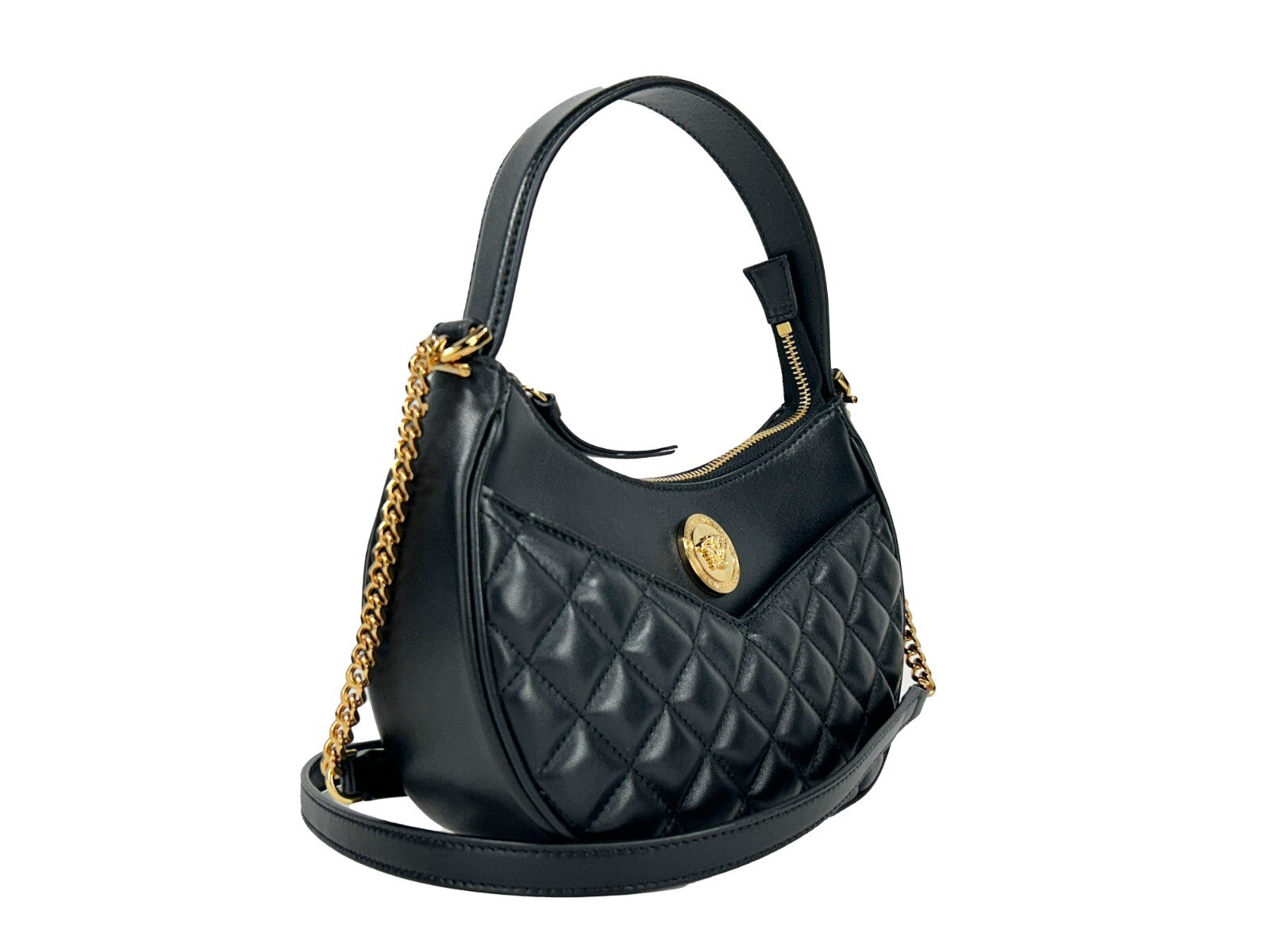 Versace Quilted Black Leather Half Moon Chain Crossbody Bag Gold